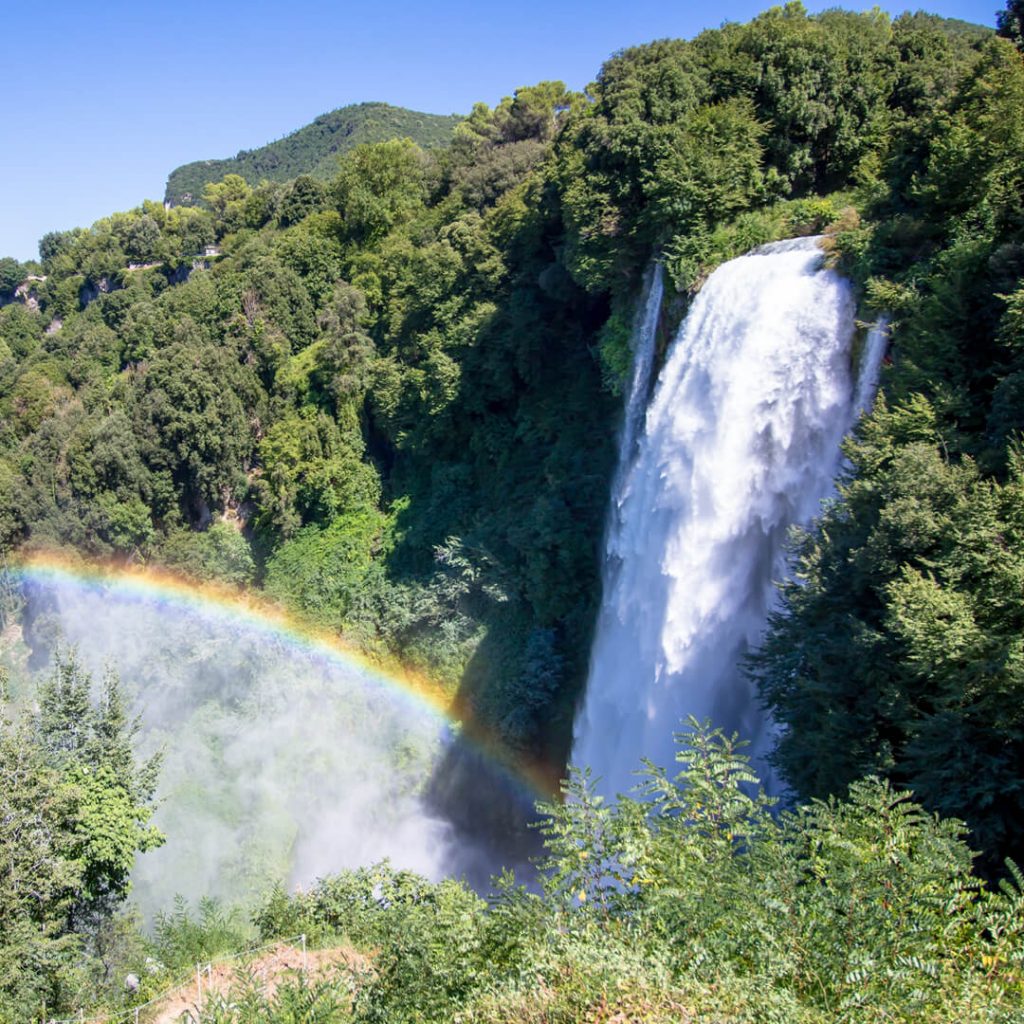 The Cascate delle Marmore or Marmore Falls are located at the end of the Valnerina.